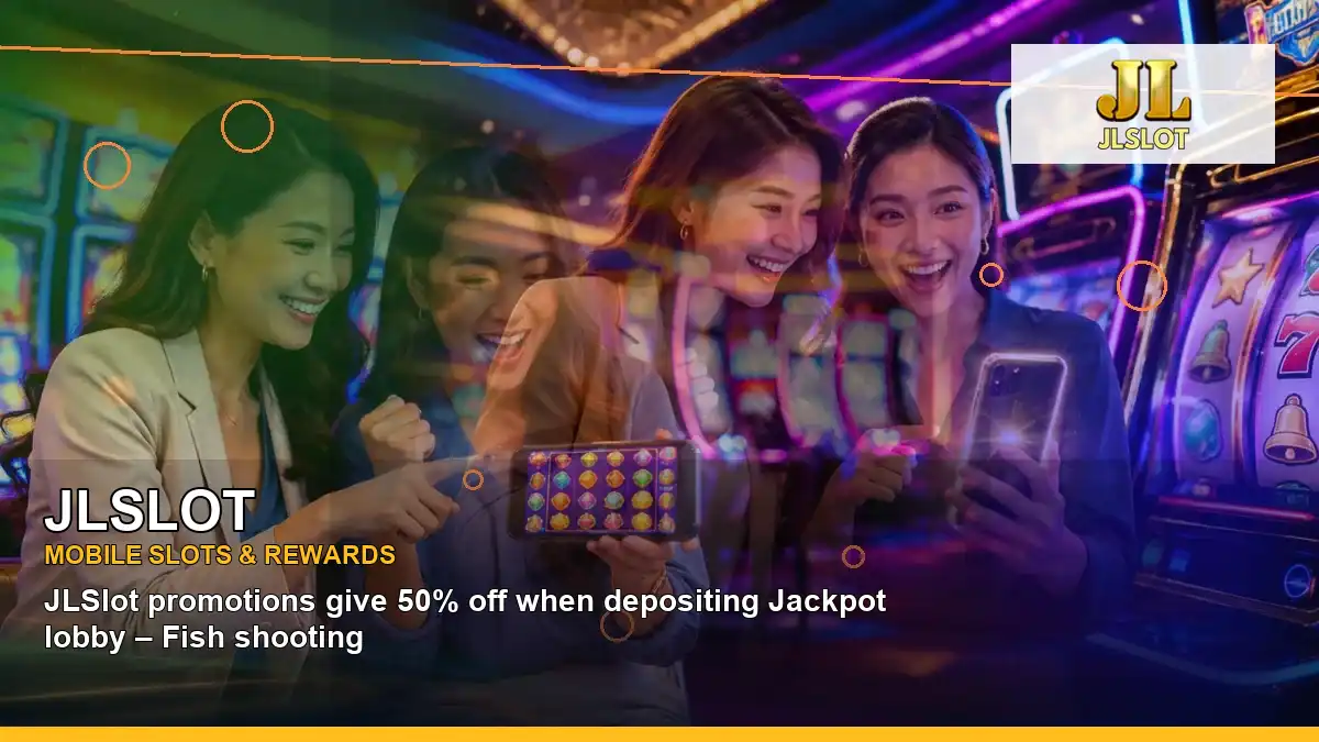 JLSLOT casino cashback rewards featuring an adult Filipina casino host with a panoramic reel composition
