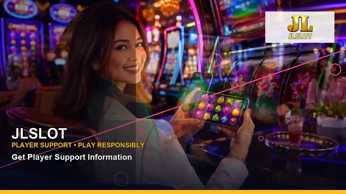 JLSLOT party online slot games featuring an adult Filipina casino host with a left-diagonal composition